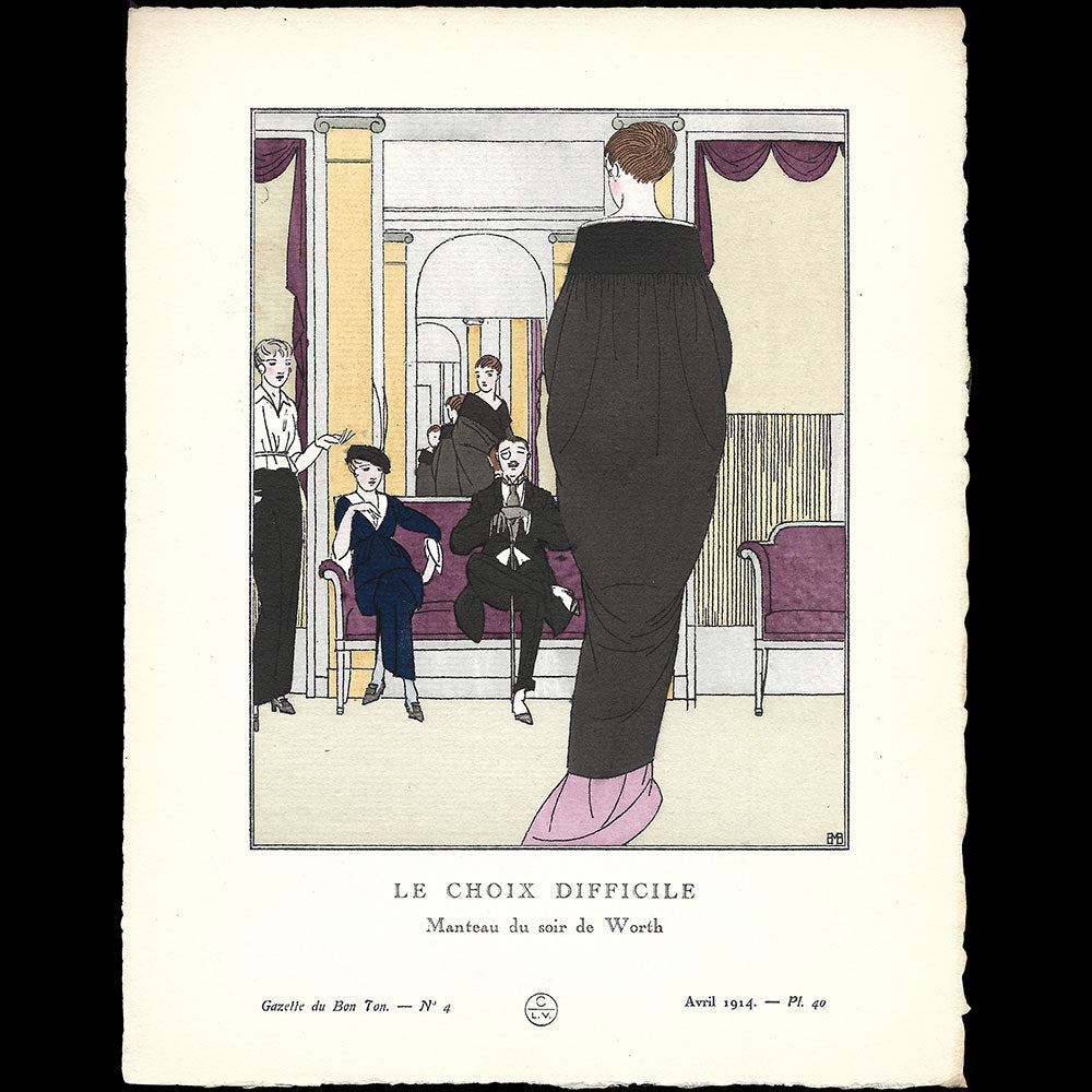 Gazette du Bon Ton - Le Choix difficile, manteau du soir de Worth, planche de Bernard Boutet (n°4, 1914)