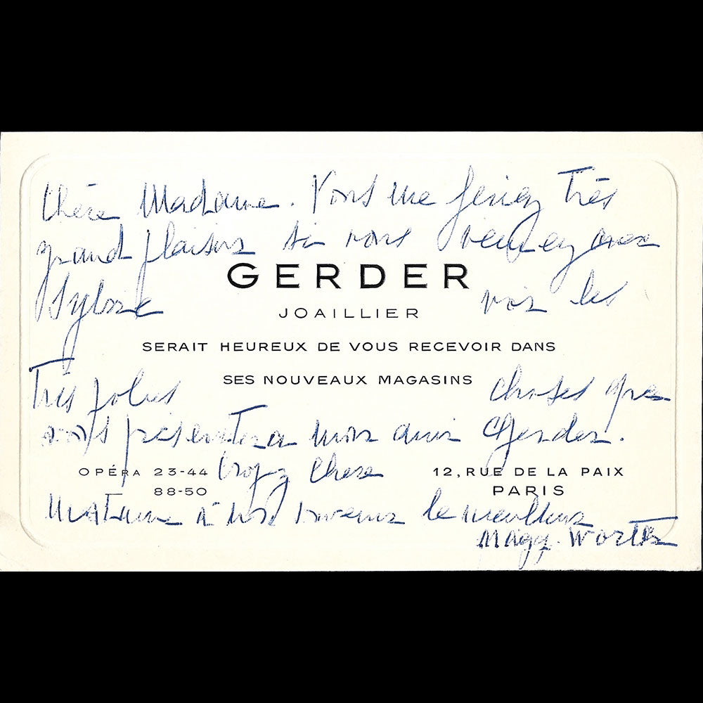 Gerder - Carte de la maison de joaillerie, 12 rue de la Paix, Paris (1950s)