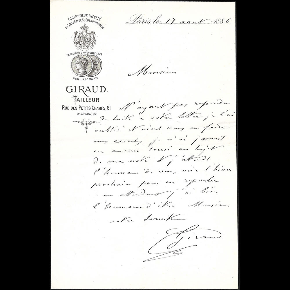 Giraud - Lettre du tailleur, 61 rue des Petits Champs à Paris (1886)