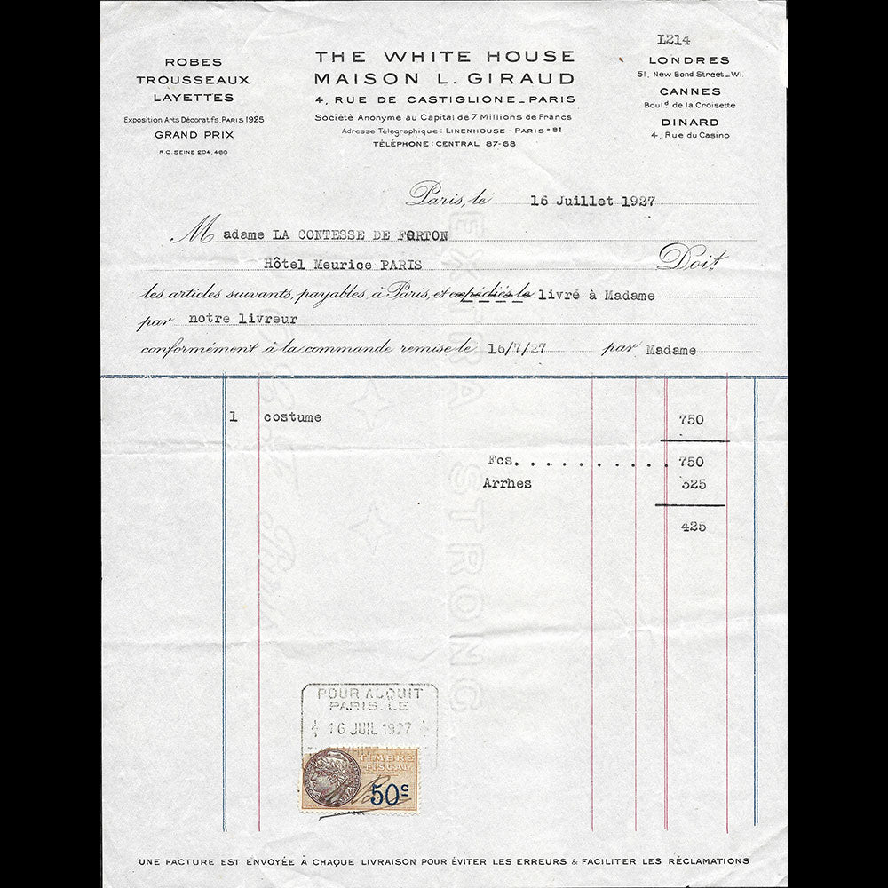 The White House - Facture de la maison de lingerie L. Giraud, 4 rue Castiglione à Paris (1927)