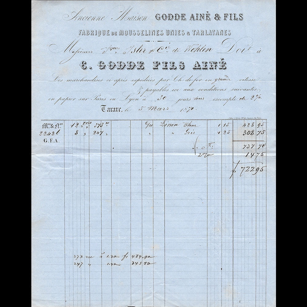 E. Godde Fils Aîné - Facture de la manufacture textile à Tarare (1870)