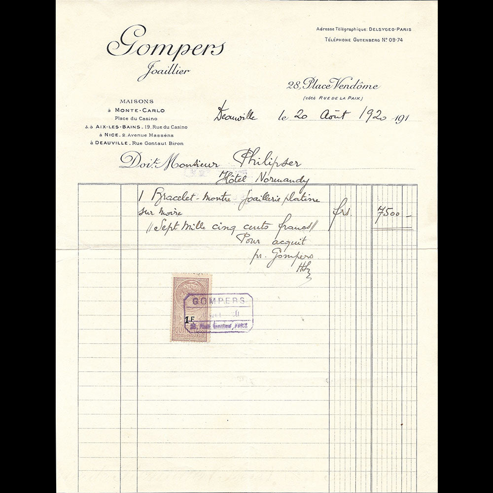 Gompers - Facture du joaillier, 28 place Vendôme à Paris (1920)