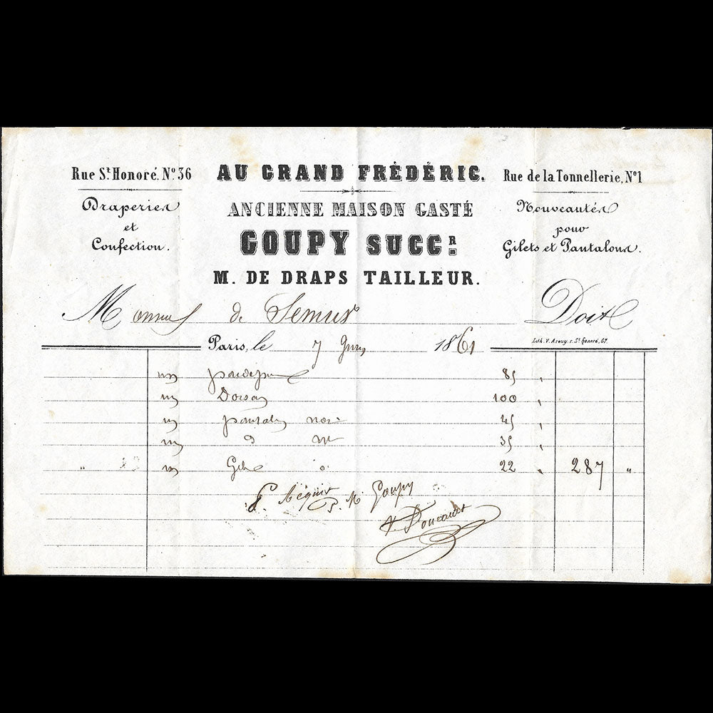 Au Grand Frédéric - Facture de la maison de draperie et de confection, 36 Saint-Honoré à Paris (1861)