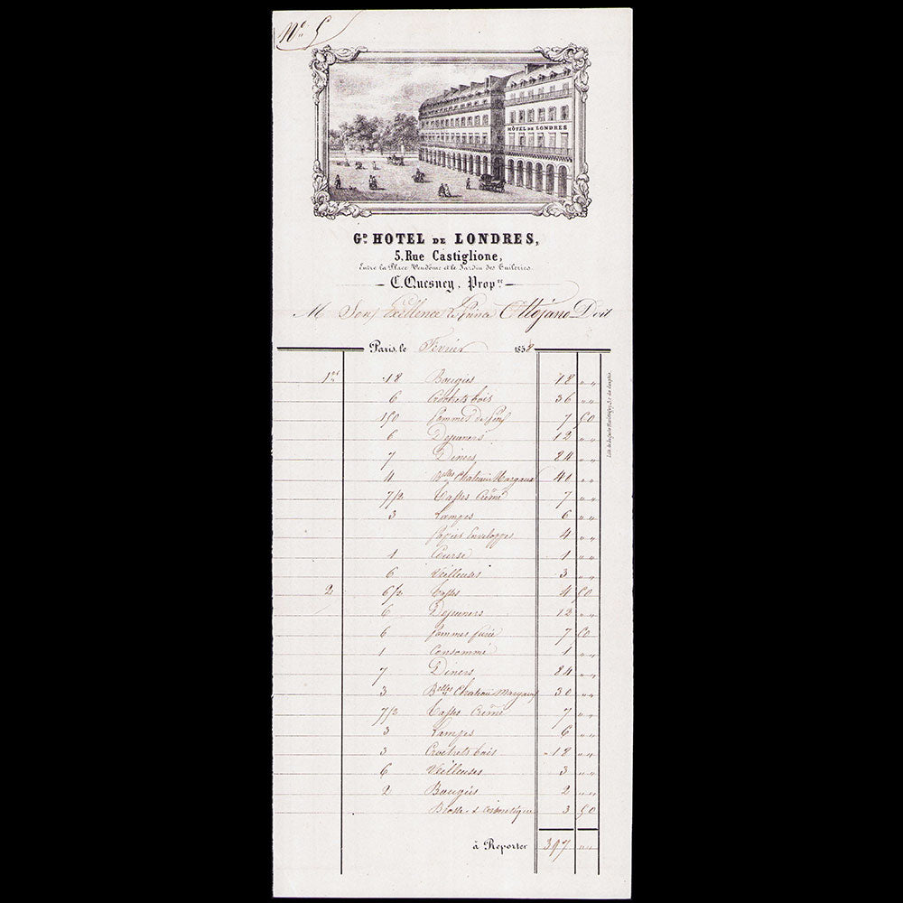 Grand Hôtel de Londres - Facture de l'hotel, 5 rue Castiglione à Paris (1858)