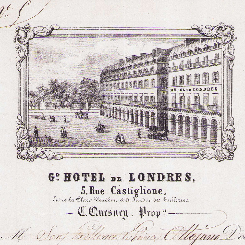 Grand Hôtel de Londres - Facture de l'hotel, 5 rue Castiglione à Paris (1858)