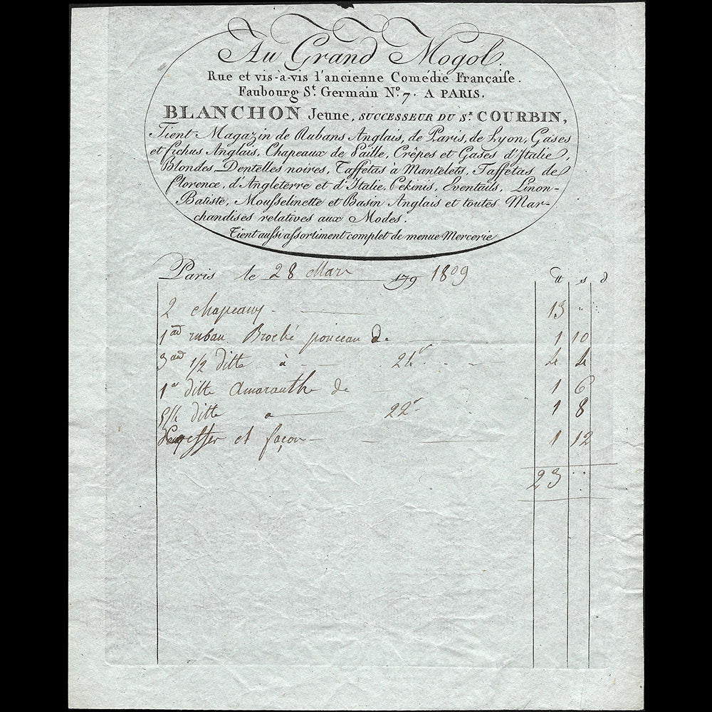 Au Grand Mogol - Facture du magasin, 7 rue de l'Ancienne Comédie Française à Paris (1809)