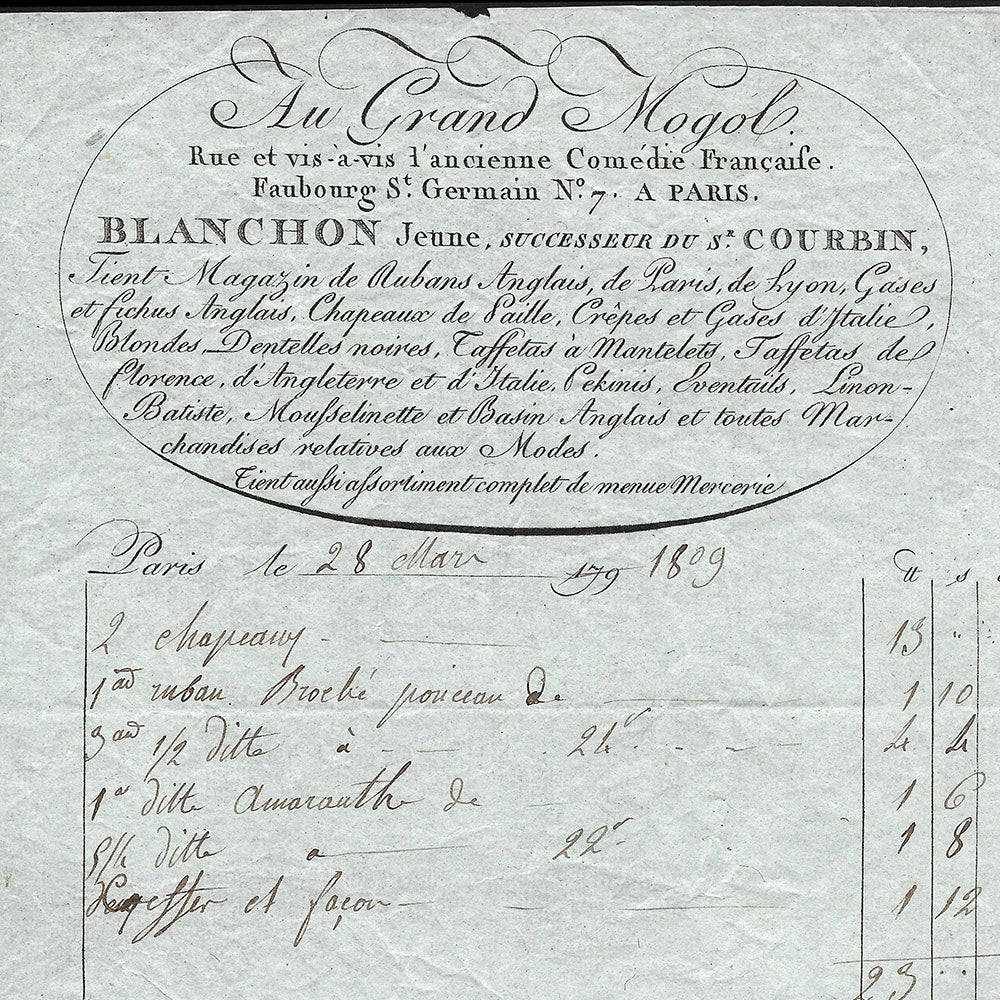Au Grand Mogol - Facture du magasin, 7 rue de l'Ancienne Comédie Française à Paris (1809)