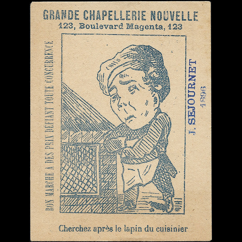 Grande Chapelerie nouvelle - Carte du chapelier, 123 boulevard Magenta à Paris (1896)
