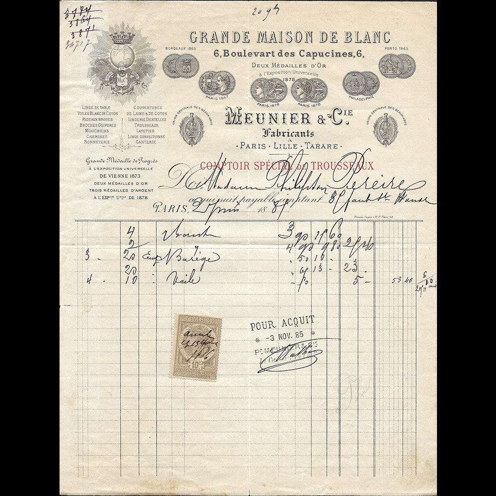 Grande Maison de Blanc - Facture du magasin, 6 boulevard des Capucines à Paris (1887)
