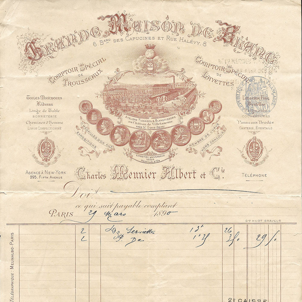 Grande Maison de Blanc - Facture du magasin, 6 boulevard des Capucines à Paris (1890)