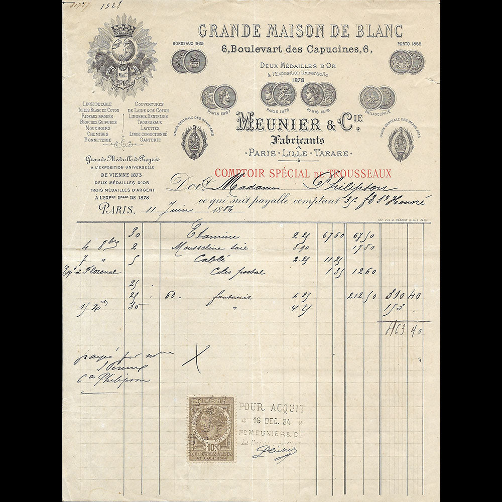 Grande Maison de Blanc - Facture du magasin, 6 boulevard des Capucines à Paris (1884)