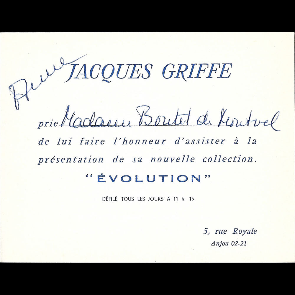 Jacques Griffe - Carton d'invitation de la maison de couture, 5 rue Royale à Paris (1950s)