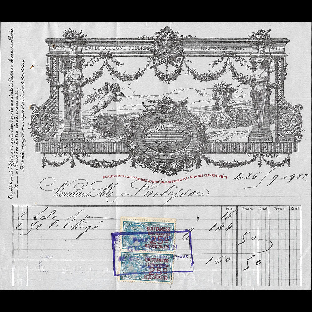 Guerlain - Facture du parfumeur, 15 rue de la Paix à Paris (1922)