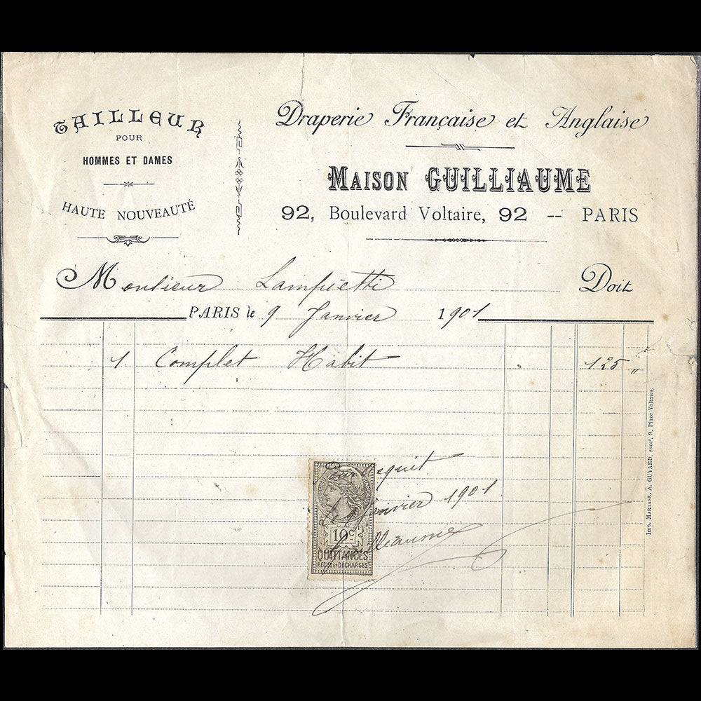 Maison Guilliaume - Facture du tailleur, 92 boulevard Voltaire à Paris (1901)