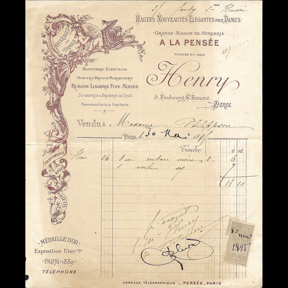 Henry à la Pensée - Facture de la maison de Hautes Nouveautés, 5 Faubourg Saint-Honoré à Paris (1895)