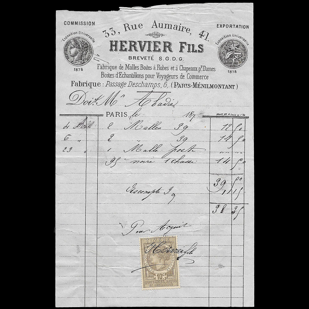 Hervier Fils - Facture de la fabrique de malles, 33 rue Aumaire à Paris (1879)