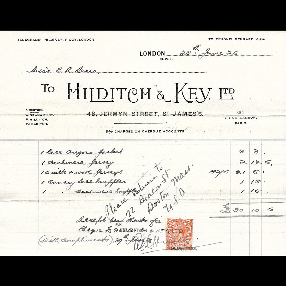 Hilditch & Key - Facture du tailleur, 48 Jermyn Street, London (1926)