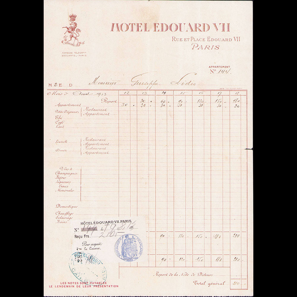 Hôtel Edouard VII - Facture de l'hotel, rue et place Edouard VII à Paris (1913)
