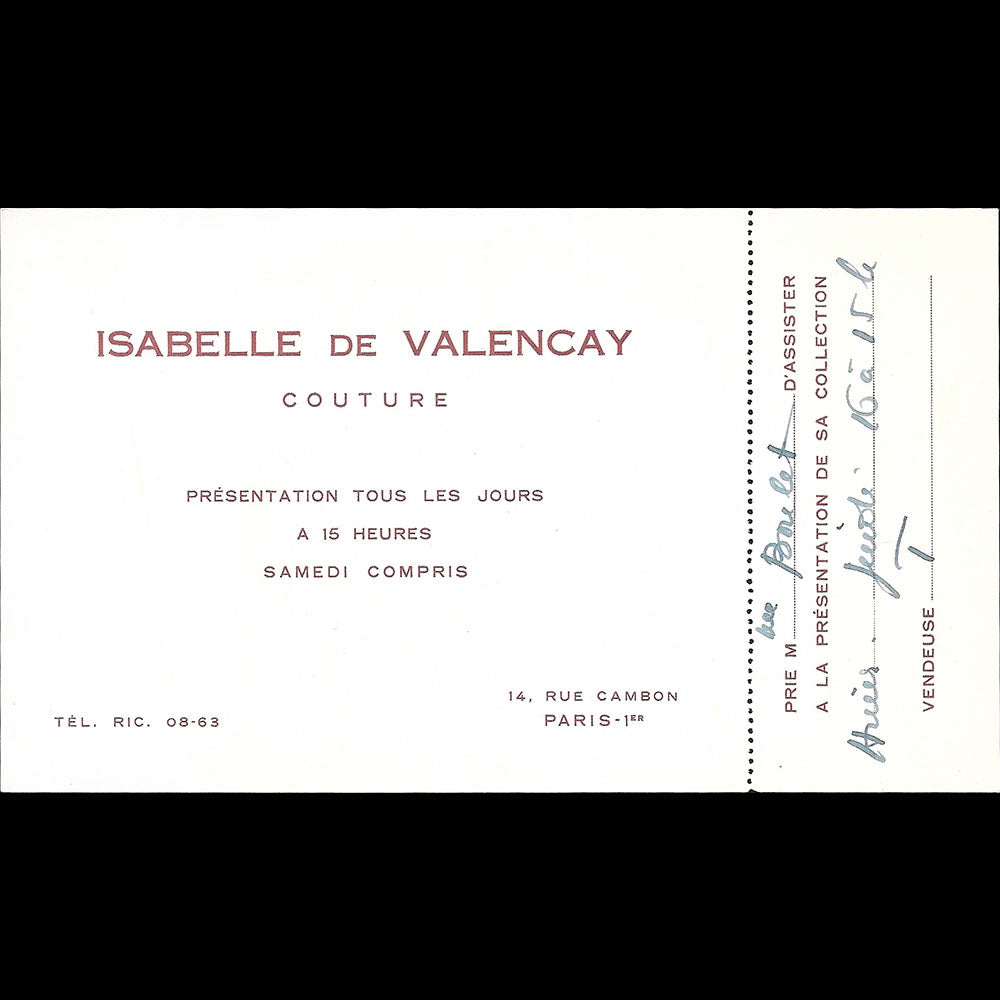 Isabelle de Valencay - Carte de la maison de couture, 14 rue Cambon à Paris (1950s)