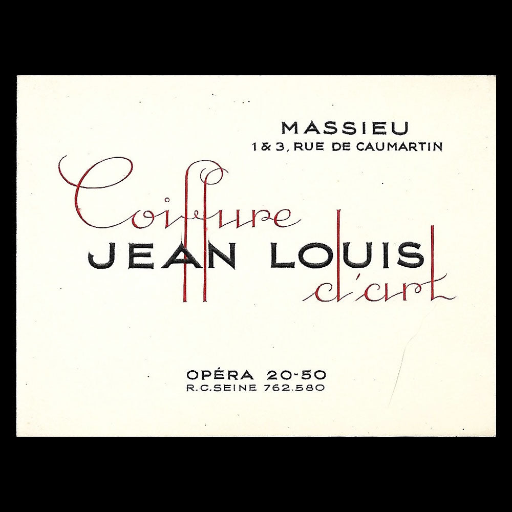 Jean-Louis - Carte du coiffeur d'art, 1 & 3 rue Caumartin à Paris (1940s)