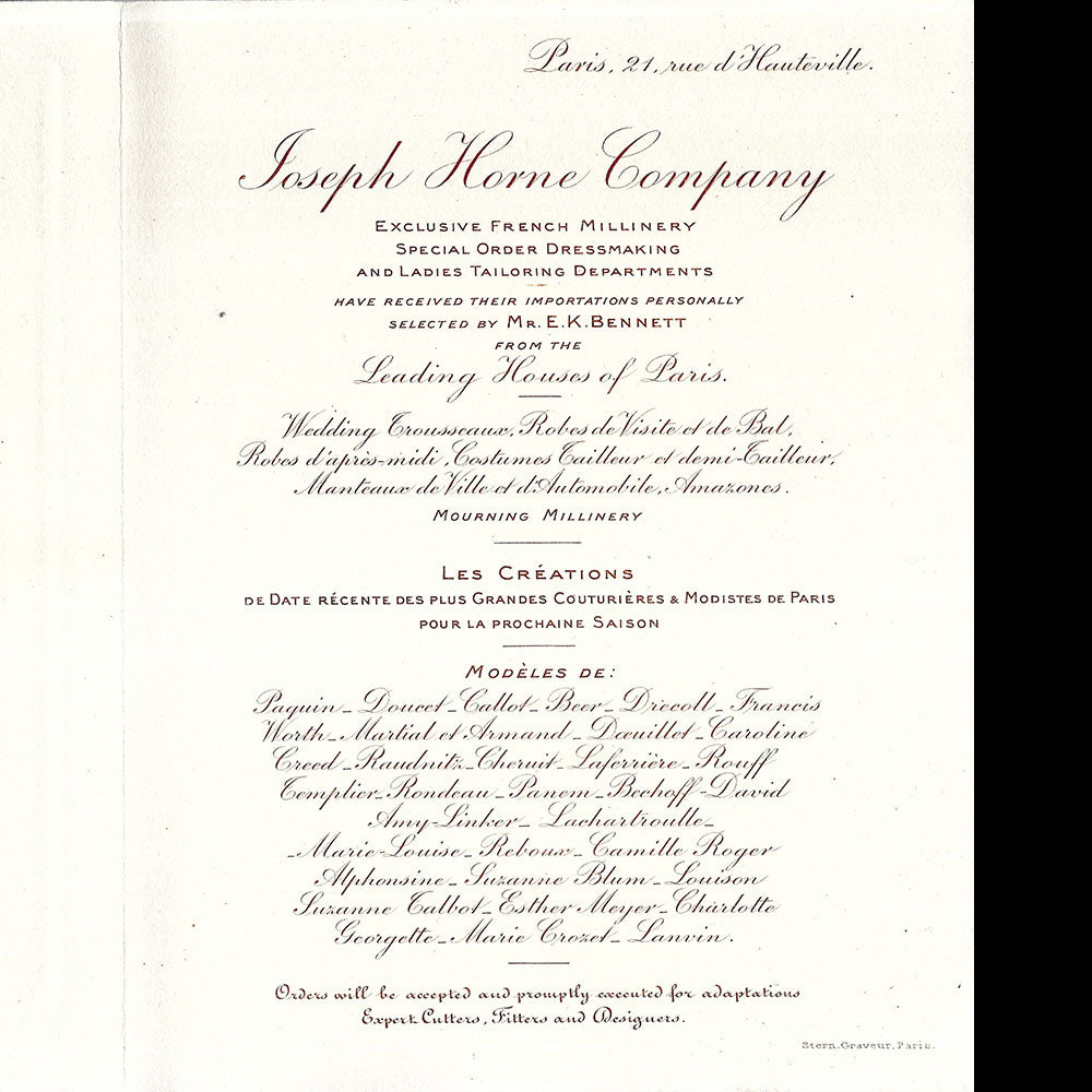 Joseph Horne Company - Invitation annonçant la sélection de modèles de Paris (circa 1910)