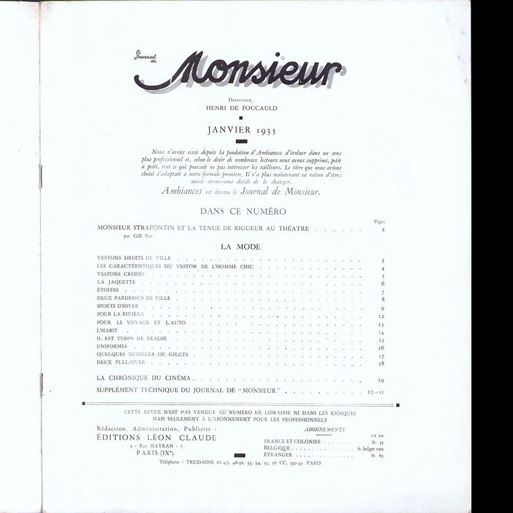Le Journal de Monsieur, revue mensuelle de la mode masculine - Réunion de 10 numéros de l'année 1935