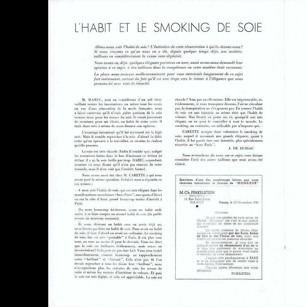 Le Journal de Monsieur, revue mensuelle de la mode masculine - Réunion de 11 numéros de l'année 1936