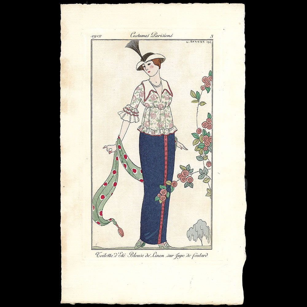 Journal des Dames et des Modes, Costumes Parisiens - Toilette d'Eté, Blouse de Linon sur Jupe de foulard, planche de George Barbier (1912)