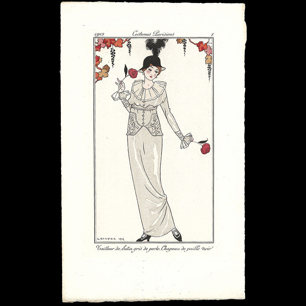 Journal des Dames et des Modes, Costumes Parisiens - Tailleur de Satin gris de perte. Chapeau de paille noir, planche de George Barbier (1912)