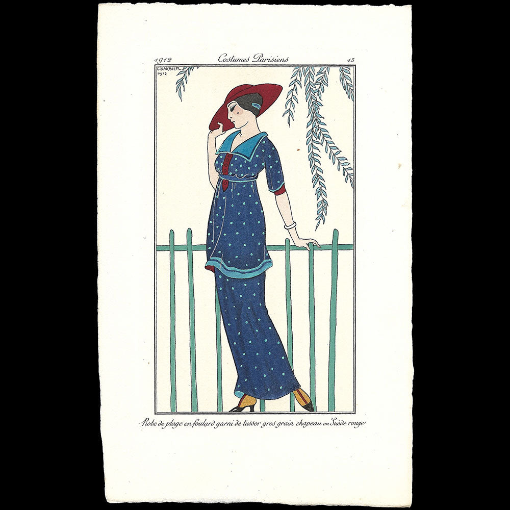 Journal des Dames et des Modes, Costumes Parisiens - Robe de plage en foulard garni de tussor gros grain chapeau en Suède rouge, planche de George Barbier (1912)