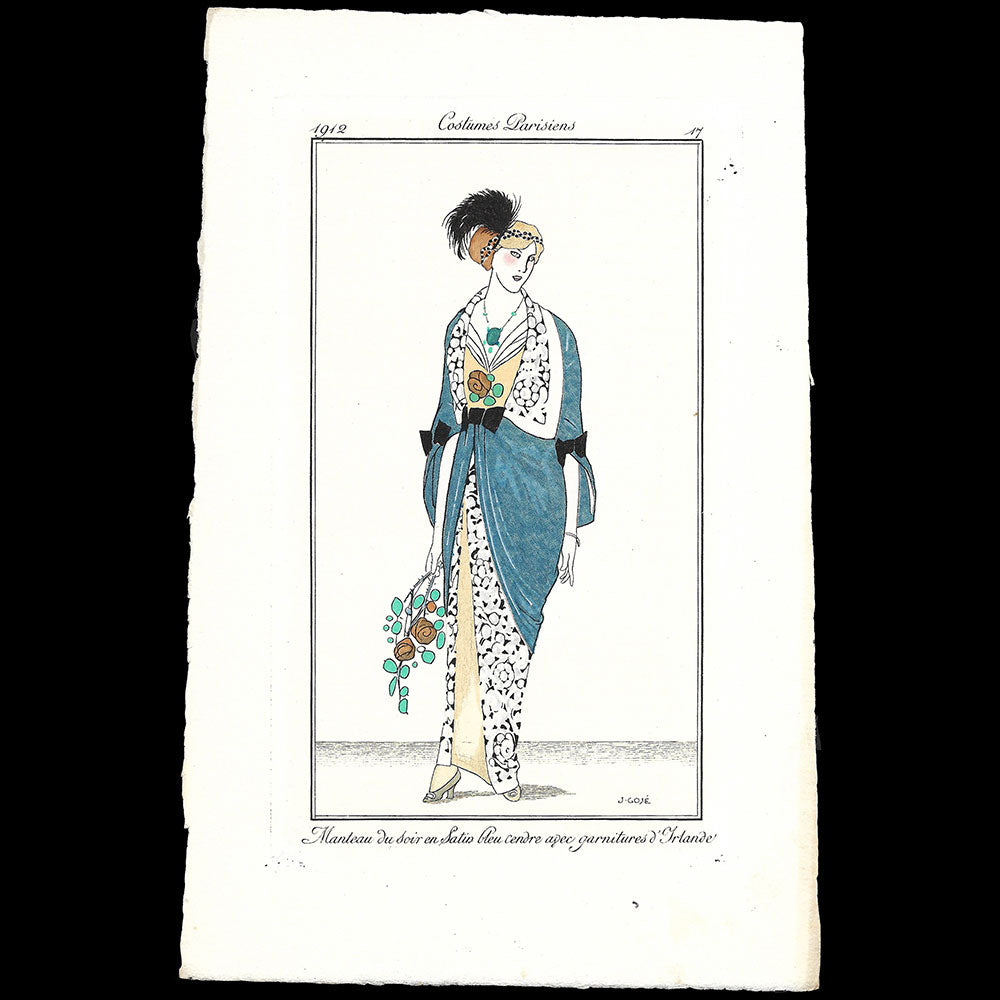 Journal des Dames et des Modes, Costumes Parisiens - Manteau du soir en Satin bleu cendre avec garnitures d'Irlande, planche de Javier Gosé (1912)