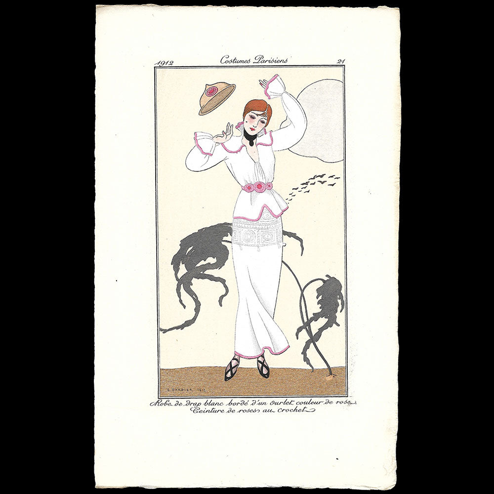 Journal des Dames et des Modes, Costumes Parisiens - Robe de drap blanc bordé d'un ourlet couleur de rose, Ceinture de roses au crochet, planche de George Barbier (1912)