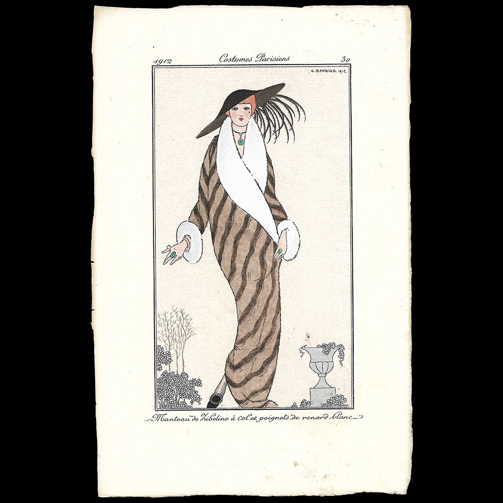 Journal des Dames et des Modes, Costumes Parisiens - Manteau de zibeline à Col et poignets de renard blanc, planche de George Barbier (1912)