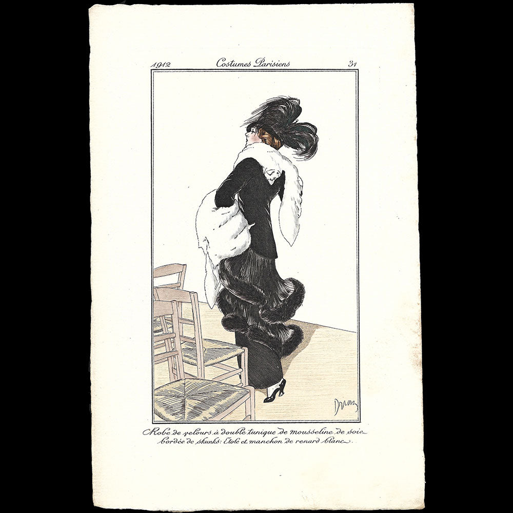 Journal des Dames et des Modes, Costumes Parisiens - Robe de velours à double tunique de mousseline de soie, planche de Drian (1912)