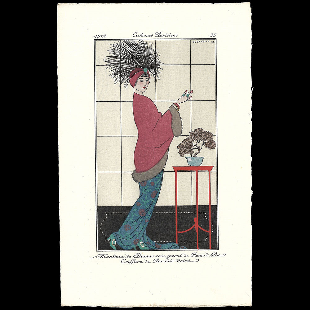 Journal des Dames et des Modes, Costumes Parisiens - Manteau de Damas rose garni de Renard bleu, Coiffure de Paradis Noirs, planche de George Barbier (1912)
