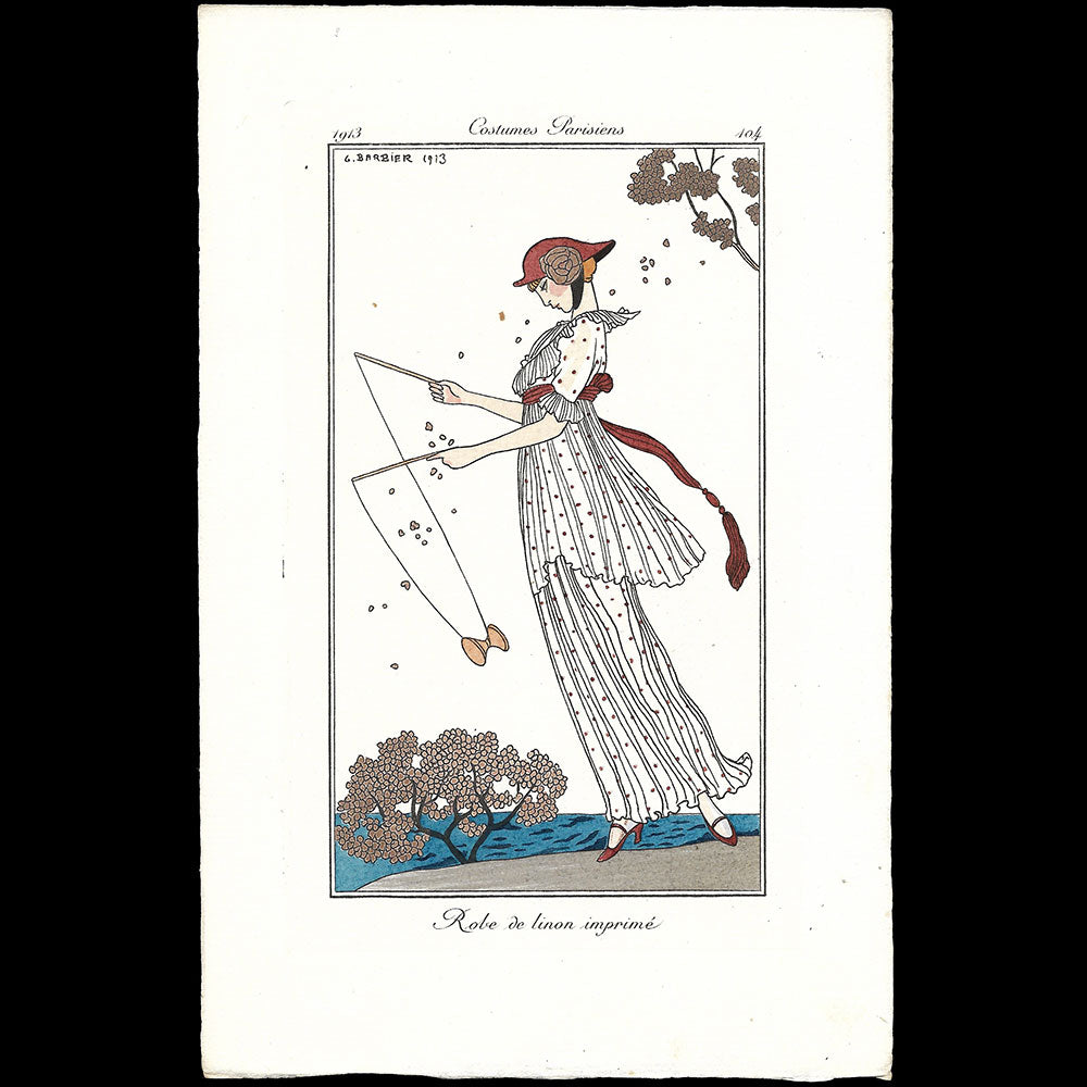 Journal des Dames et des Modes, Costumes Parisiens - Robe de linon imprimé, planche de George Barbier (1913)