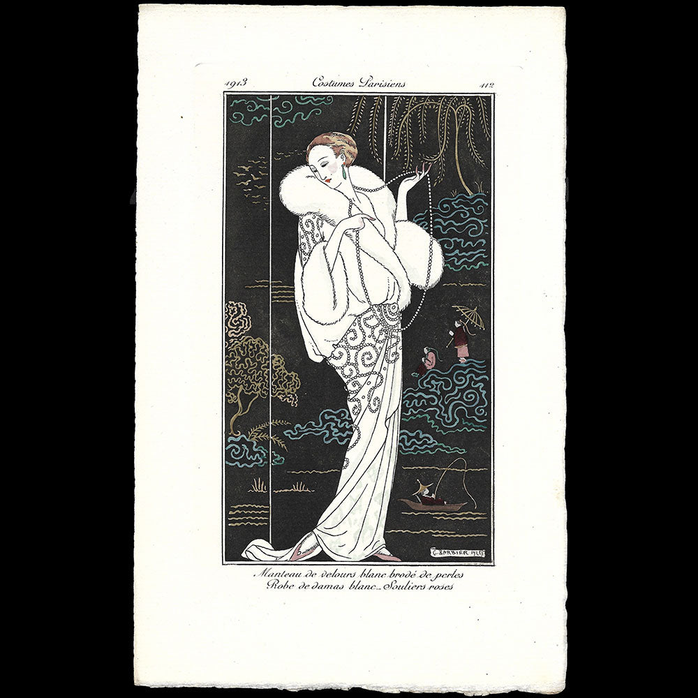 Journal des Dames et des Modes, Costumes Parisiens - Manteau de velours blanc brodé de perles, Robe de damas blanc, souliers roses, planche de George Barbier (1913)