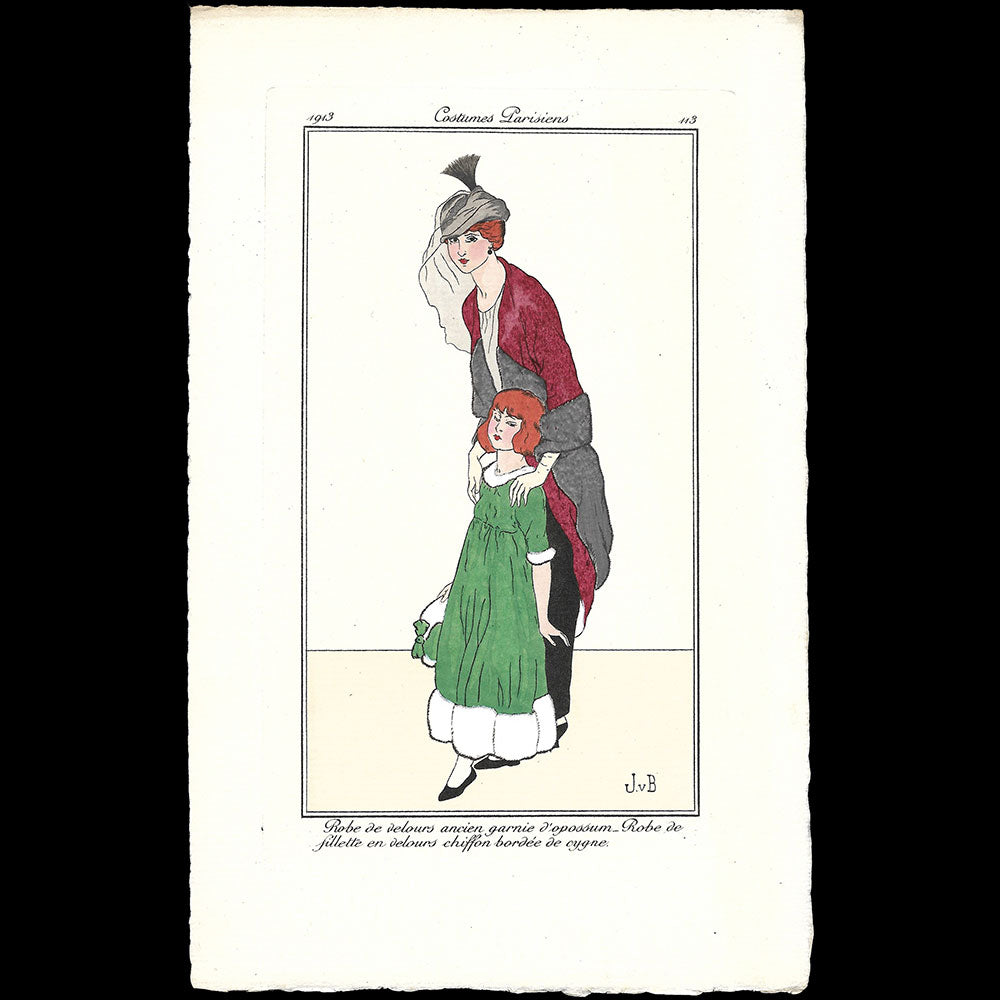 Journal des Dames et des Modes, Costumes Parisiens - Robe de velours ancien garnie d'opossum, Robe de fillette en velours chiffon bordée de cygne, planche de Jan Van Brock (1913)
