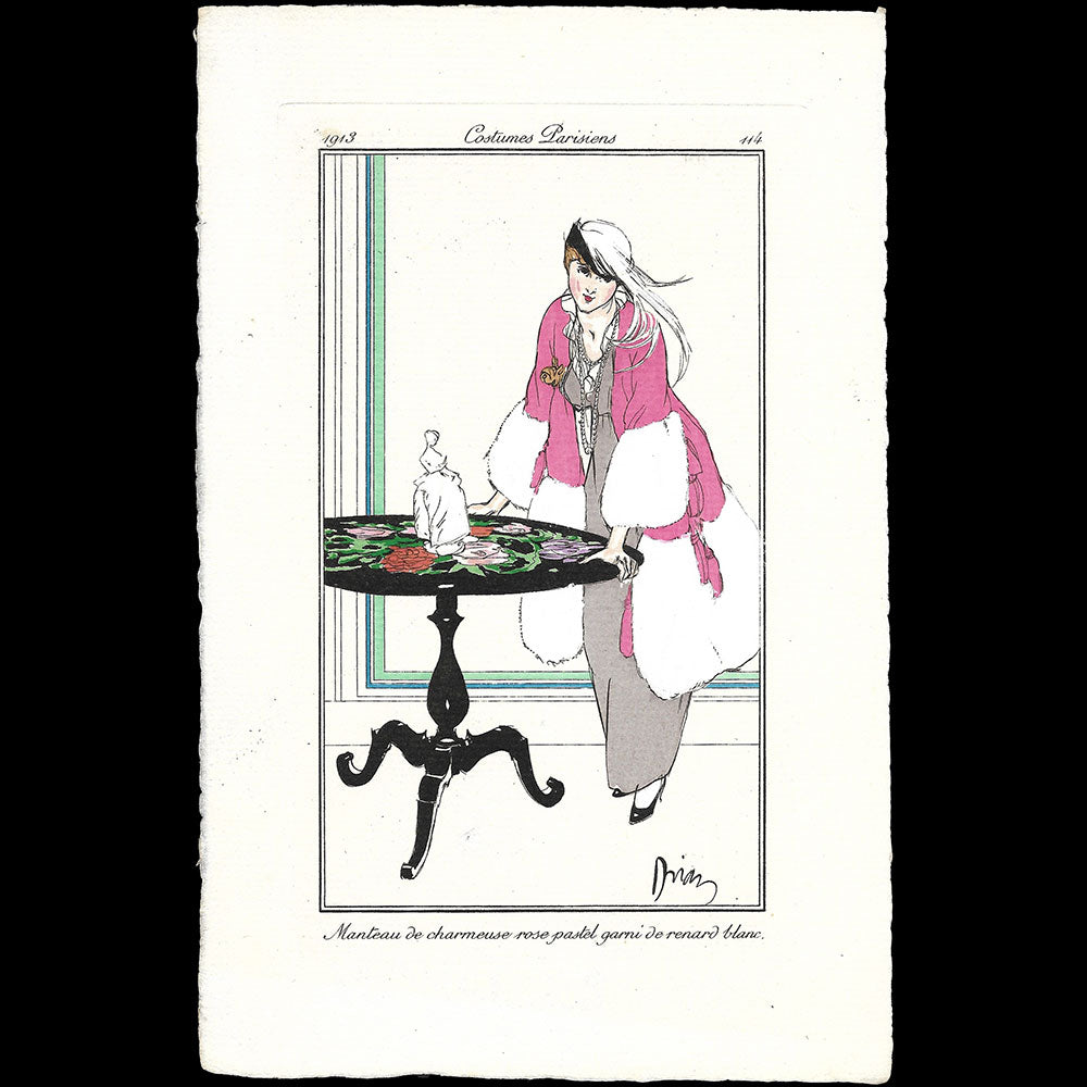 Journal des Dames et des Modes, Costumes Parisiens - Manteau de charmeuse rose pastel garni de renard blanc, planche de Drian (1913)