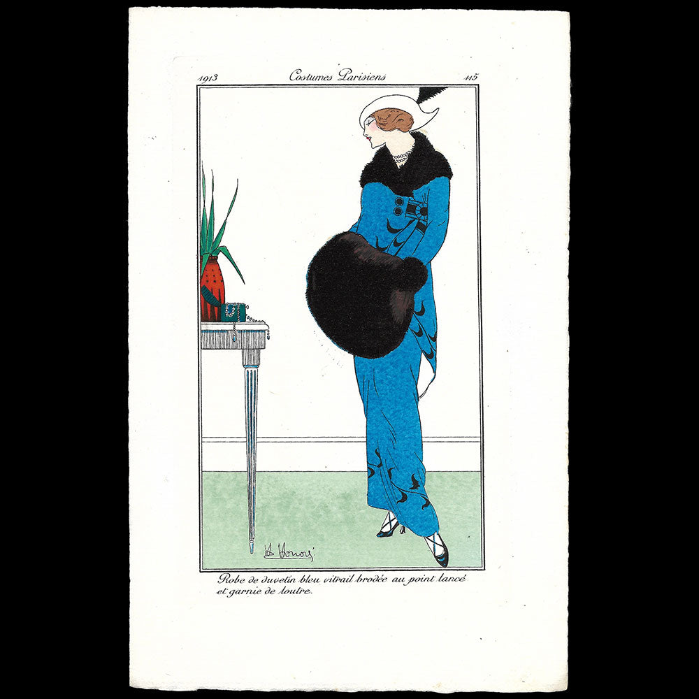 Journal des Dames et des Modes, Costumes Parisiens - Robe de duvetin bleu vitrail brodée au point lancé et garnie de loutre, planche de Henri Honoré (1913)