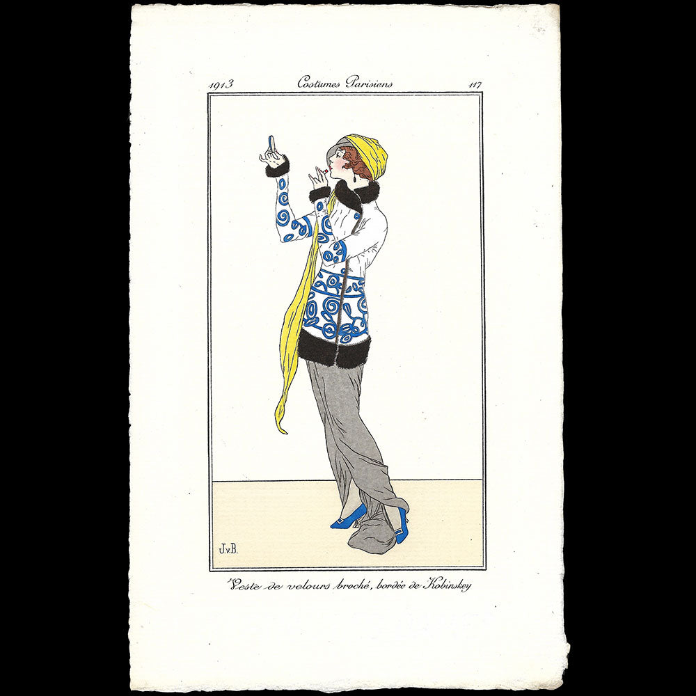 Journal des Dames et des Modes, Costumes Parisiens - Veste de velours broché, garnie de Kobinskey, planche de Jan Van Brock (1913)