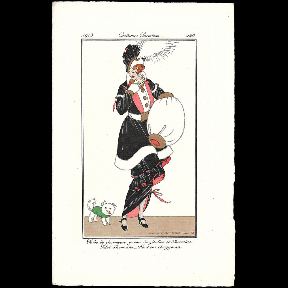 Journal des Dames et des Modes, Costumes Parisiens - Robe de charmeuse garnie de zibeline et d'hermine, gilet d'hermine, souliers Clergymen, planche de Victor Lhuer (1913)