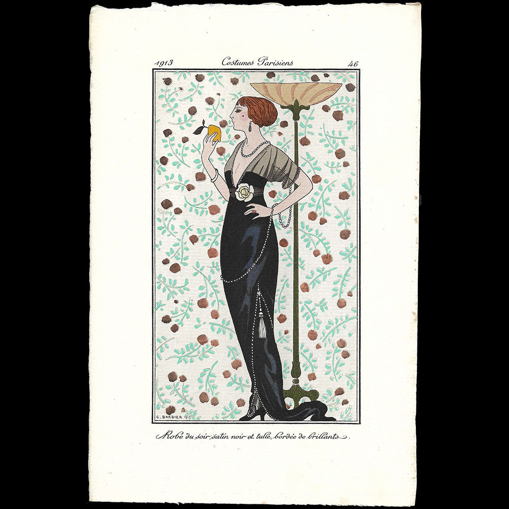 Journal des Dames et des Modes, Costumes Parisiens - Robe du soir satin noir et tulle bordée de brillants, planche de George Barbier (1913)