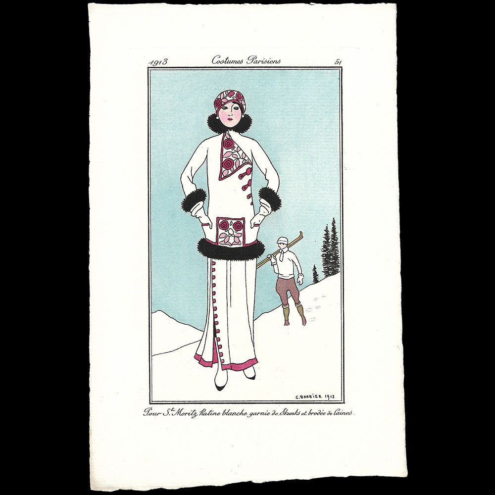 Journal des Dames et des Modes, Costumes Parisiens - Pour St. Moritz: Ratine blanche garnie de Skunks et brodée de laines, planche de George Barbier (1913)