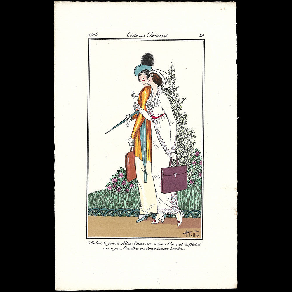 Journal des Dames et des Modes, Costumes Parisiens - Robes de jeunes filles: l'une en crépon blanc et taffetas orange; l'autre en drap blanc brodé, planche d'Armand Vallée (1913)