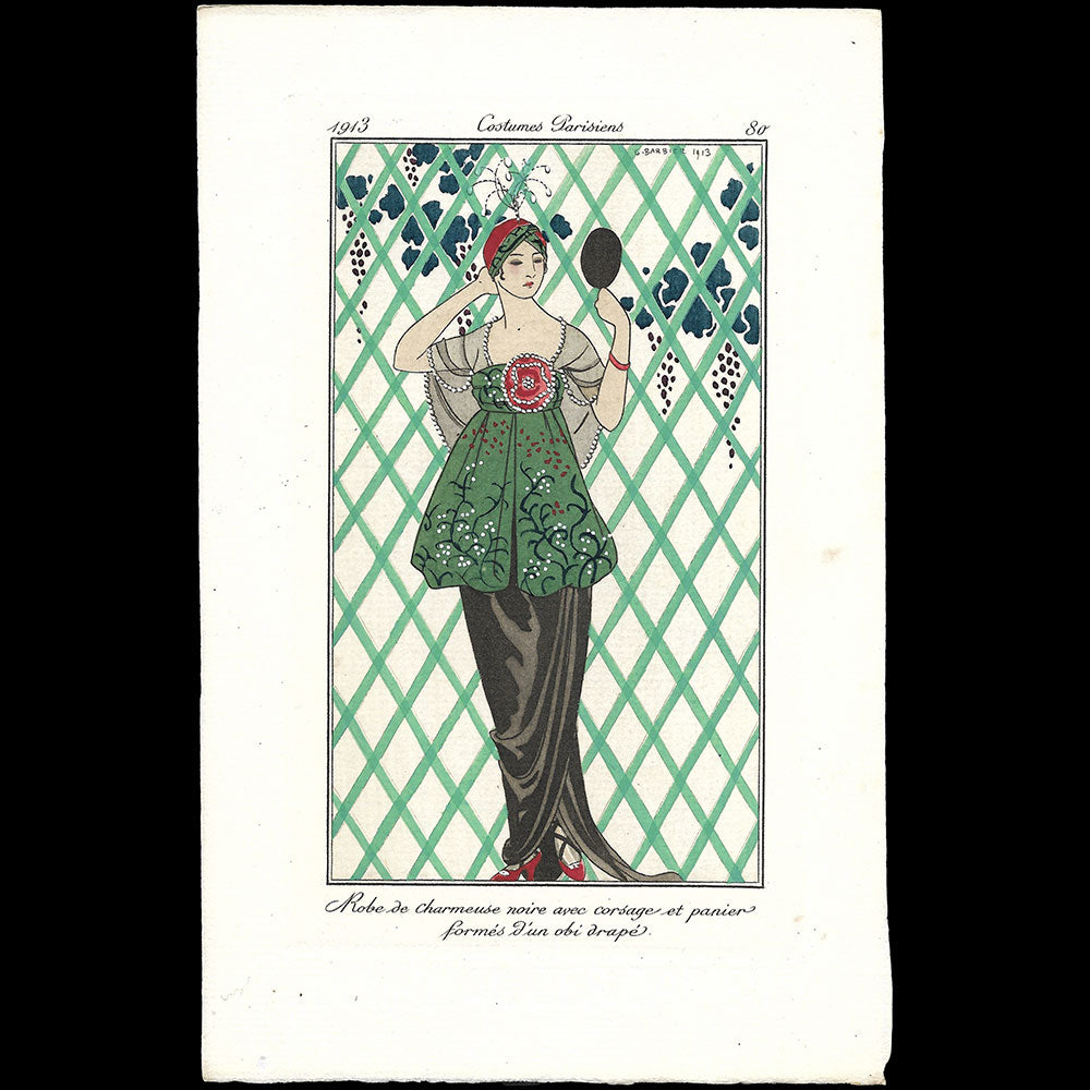 Journal des Dames et des Modes, Costumes Parisiens - Robe de charmeuse noire avec corsage et paniers formés d'un obi drapé, planche de George Barbier (1913)