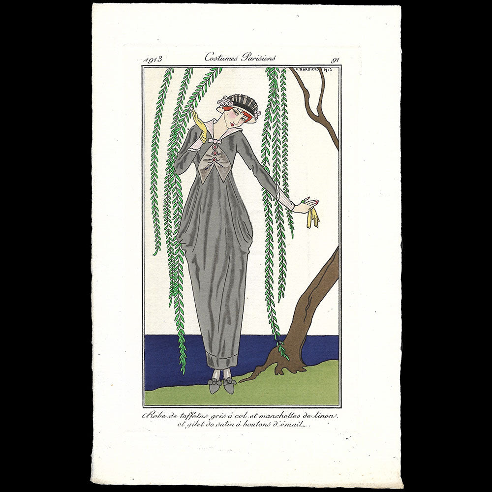 Journal des Dames et des Modes, Costumes Parisiens - Robe de taffetas gris à col et manchettes de linon et gilet de satin à boutons d'émail, planche de George Barbier (1913)