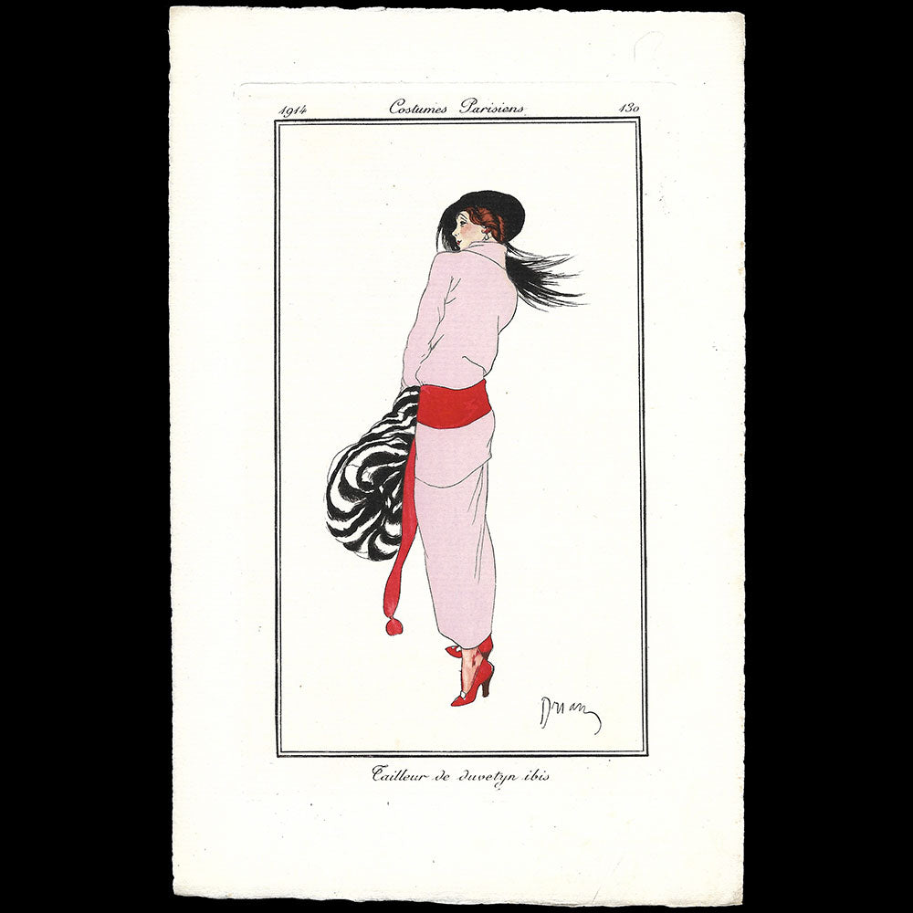 Journal des Dames et des Modes, Costumes Parisiens - Tailleur de duvetyn ibis, planche de Drian (1914)