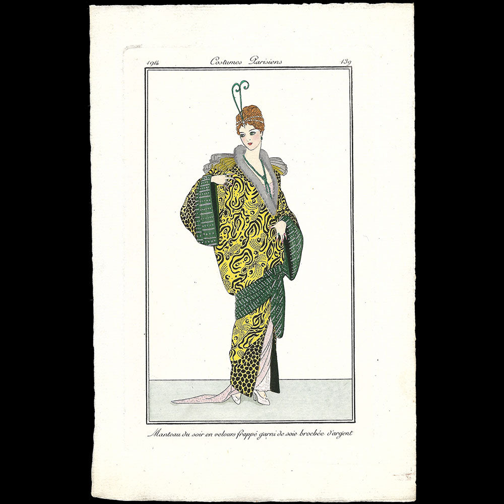 Journal des Dames et des Modes, Costumes Parisiens - Manteau du soir en velours frappé garni de soie brochée d'argent, planche (1914)