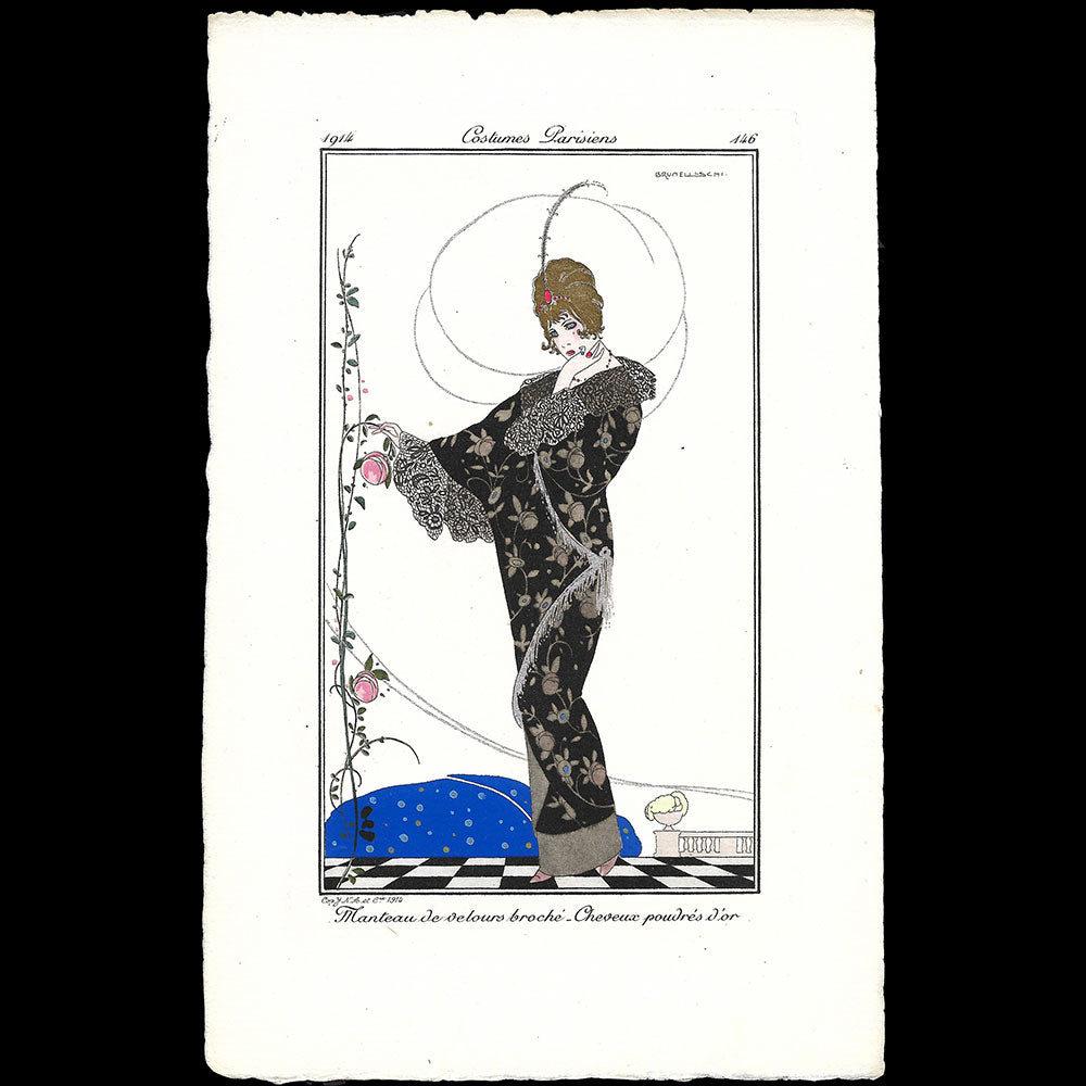 Journal des Dames et des Modes, Costumes Parisiens - Manteau de velours broché Cheveux poudrés d'or, planche de Brunelleschi (1914)